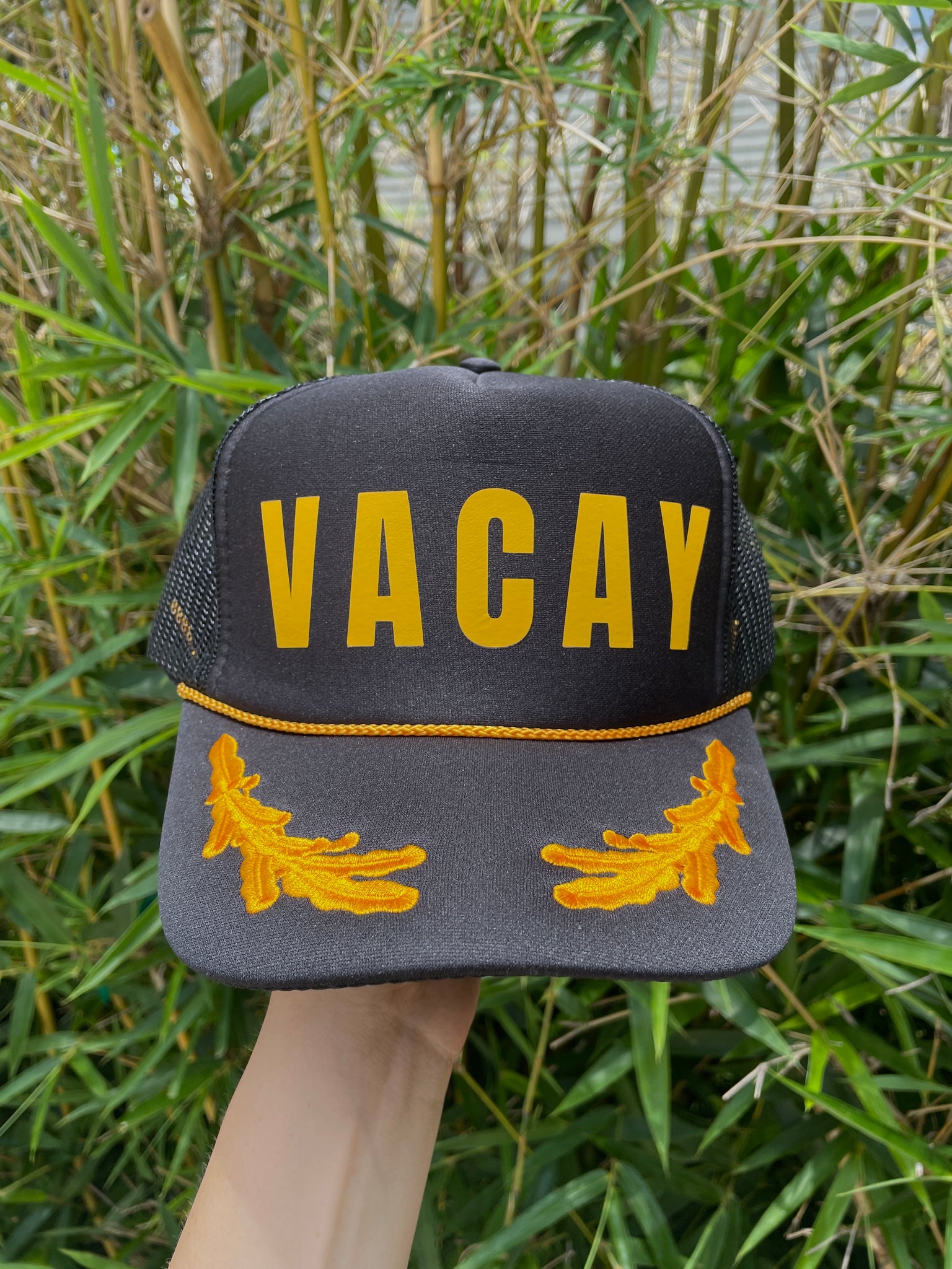 VACAY Trucker Hat | Black & Yellow