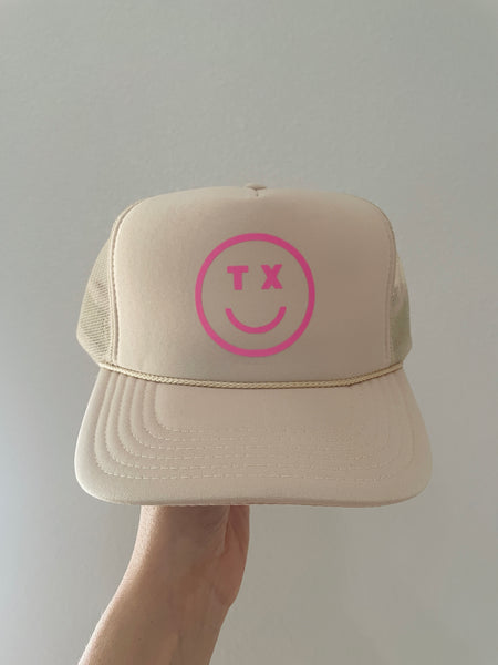 TX Smiley Trucker Hat | Tan & Pink