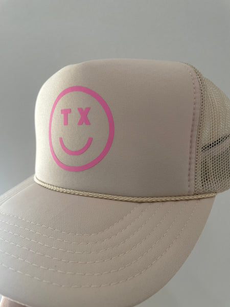 TX Smiley Trucker Hat | Tan & Pink