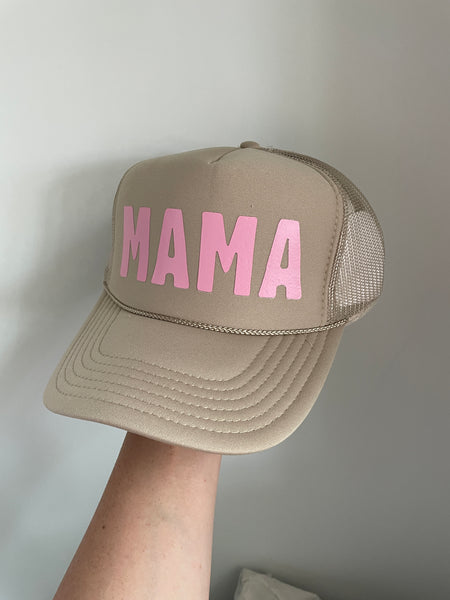 MAMA Trucker Hat | Tan & Pink