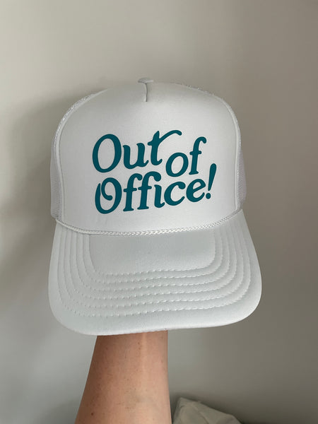 Out of Office Trucker Hat | White & Teal