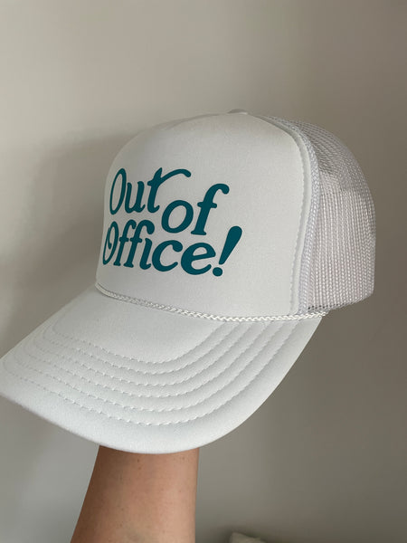 Out of Office Trucker Hat | White & Teal